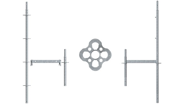 Beide Systeme, links die Vertikalstielen mit Horizontalriegel des PERI UP FLEX und rechts ein Modul des PERI UP EASY Systems, lassen sich durch den gemeinsamen Rosett-Knoten flexibel kombinieren.