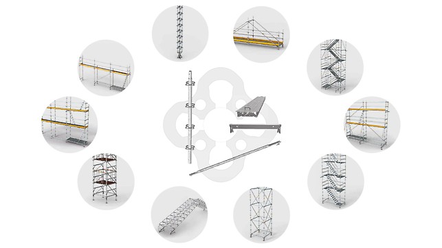 PERI UP Kernbauteile (Vertikalstiele, Horizontalriegel, Riegeldiagonale und Stahlbeläge) sind für unterschiedlichste Anwendungen einsetzbar 