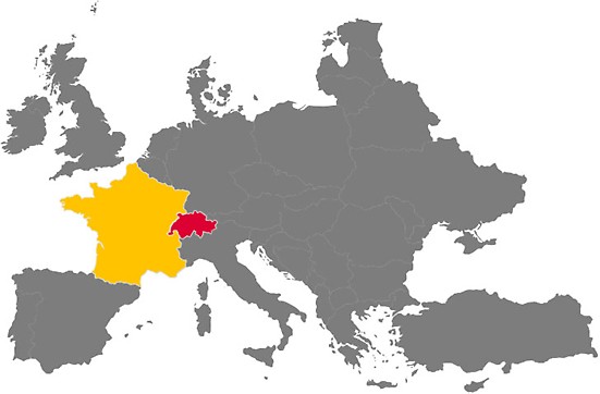 Karta Europe s PERI tvrtkama-kćerima u Francuskoj i Švicarskoj
