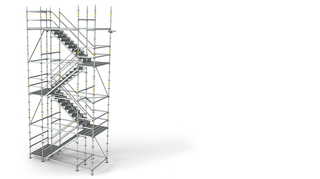 Die PERI UP Flex Treppe 125 mit einer lichten Breite von 120 cm zwischen den Stielen des Modulgerüsts lässt sich auch mit Werkzeug oder Baumaterialien bequem und sicher begehen.