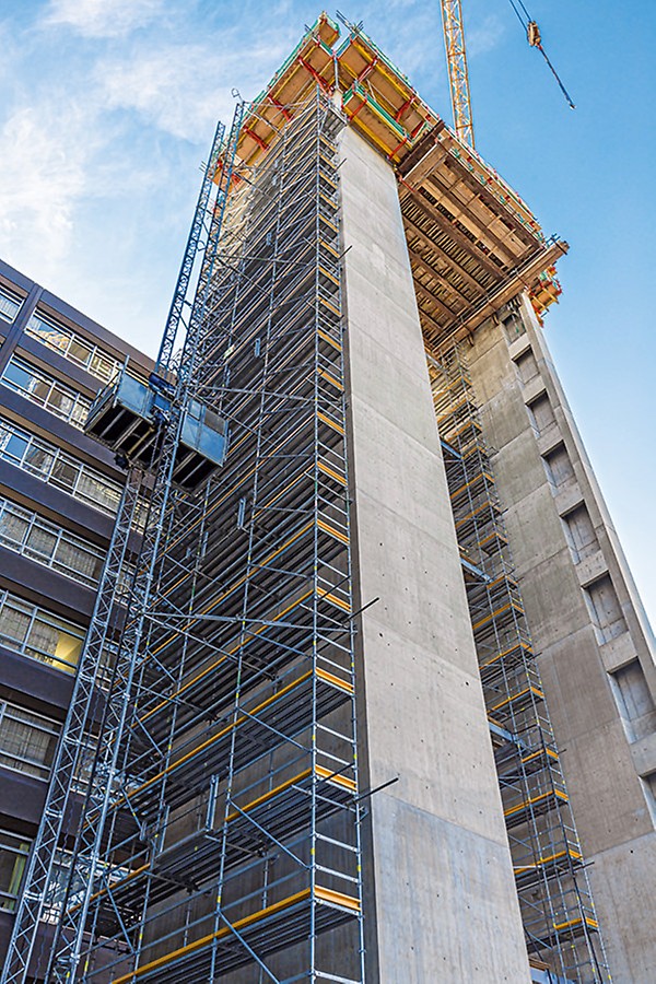 Mit der SCS/VARIO-Kletterschalung und der nachfolgenden PERI UP Flex Einrüstung kamen flexible Baukastensysteme aus der Schalungs- und Gerüsttechnik zum kombinierten Einsatz.