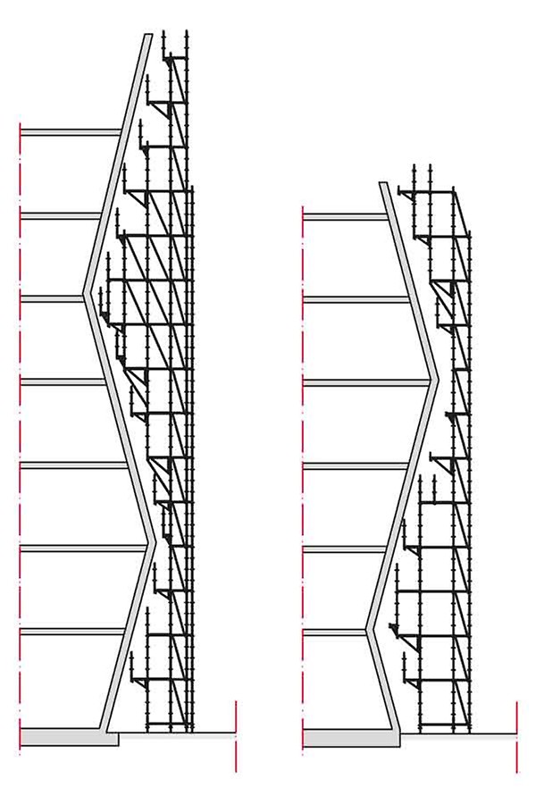 Adjustments to the building shape are carried out in a uniform grid arrangement of 25 cm which provides a high level of flexibility for complex facade scaffolding
