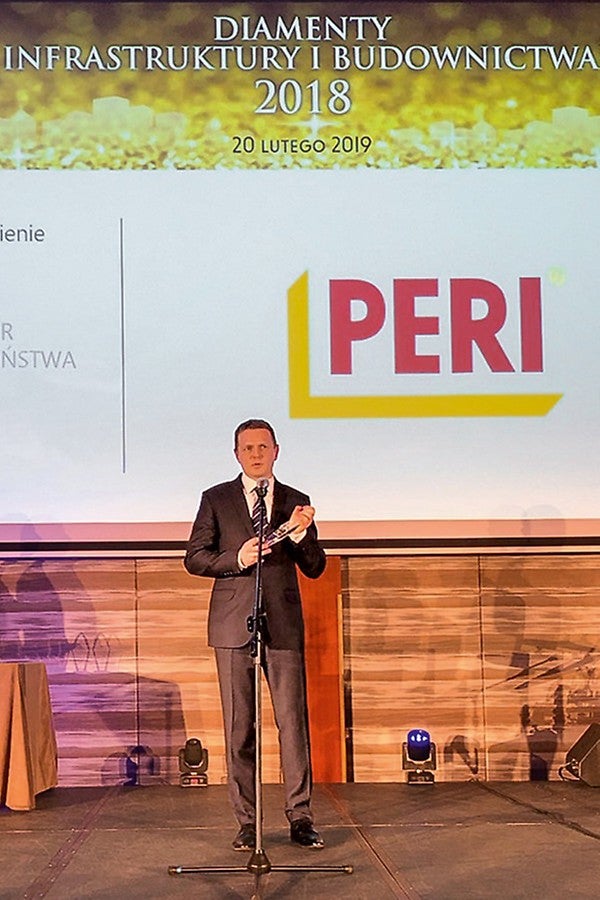 Maciej Podsiadło, Sales Manager of PERI Poland, accepted the award that was presented during the the &quot;Polish Infrastructure and Construction&quot; conference and the &quot;Infrastructure and Construction Diamonds&quot; gala under the patronage of the &quot;Executive Club&quot; on 20 February 2019 at the Hotel Westin in Warsaw.