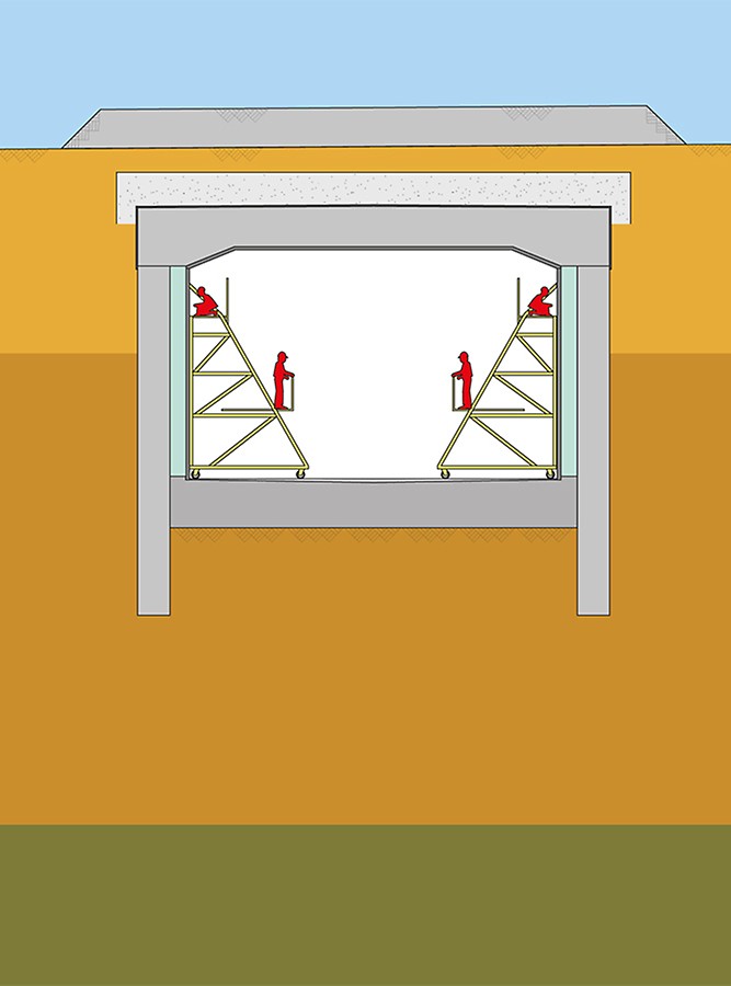 Graphical display of the cut-and cover construction method used during the construction of the Audi tunnel in Ingolstadt.