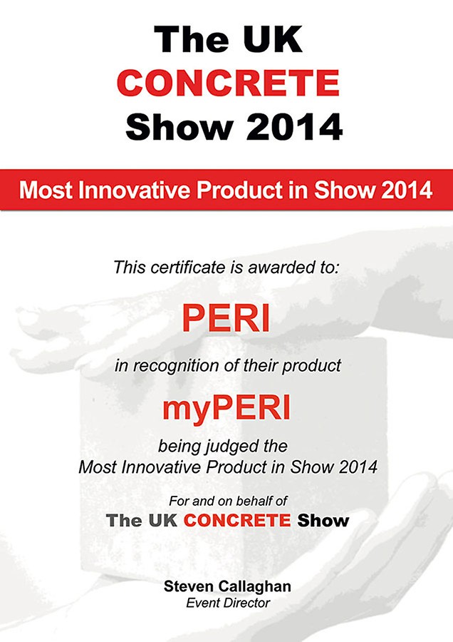 The market launch of the online portal in Great Britain was a great success: myPERI was awarded the "Most Innovative Product" prize at the UK CONCRETE Show.
