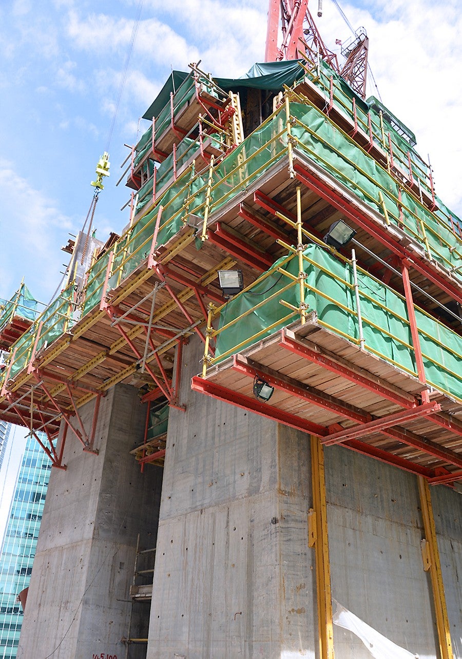 CB 240 Climbing Formwork system has a time-saving moving procedure of the securely assembled units consisting of platform and formwork in only one crane lift.
