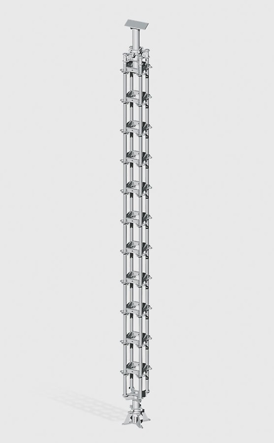 The new, 4-legged heavy-duty prop consists mainly of standard system components taken from the PERI UP Rosett Flex modular scaffolding system. It is used for transferring concentrated loads of up to 200 kN.