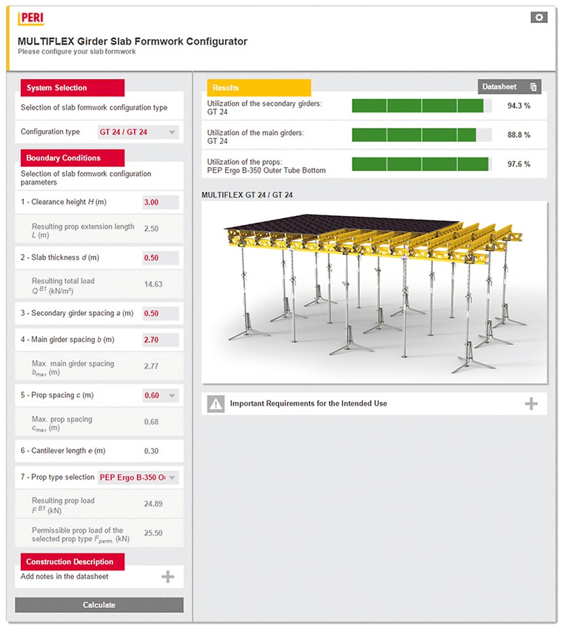 With the MULTIFLEX configurator, beam and prop spacings of the MULTIFLEX Girder Slab Formwork can be easily optimized.