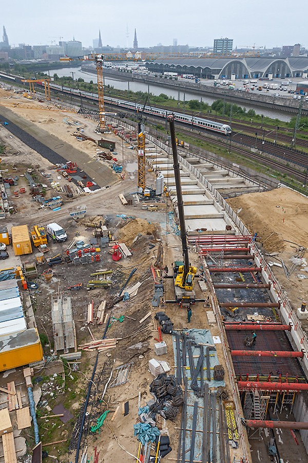 View from above on Hamburg’s longest jobsite for the extension of U4 subway tunnel in direction to the “Elbbrücken“