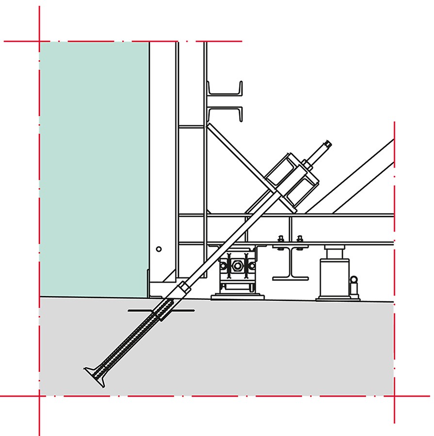 Detailed look at brace frame anchoring with PERI V tie bracket.