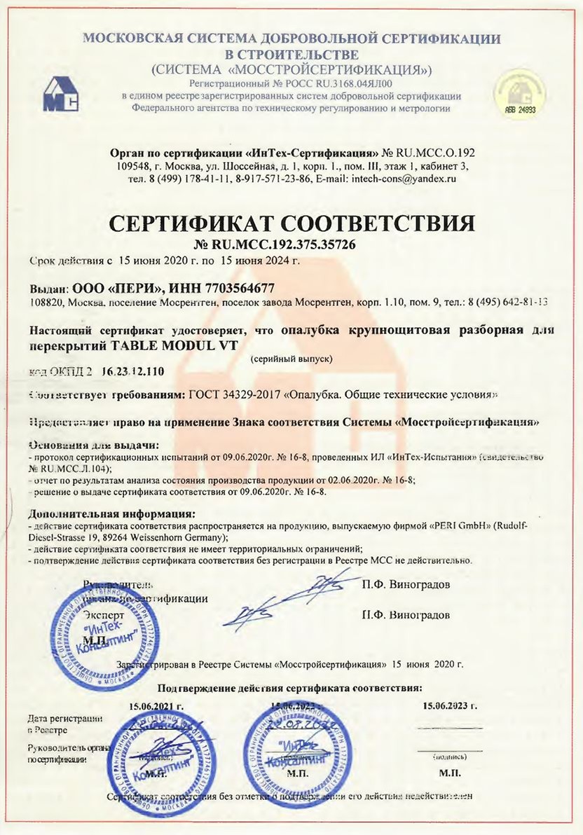 Сертификат TABLE MODUL VT
