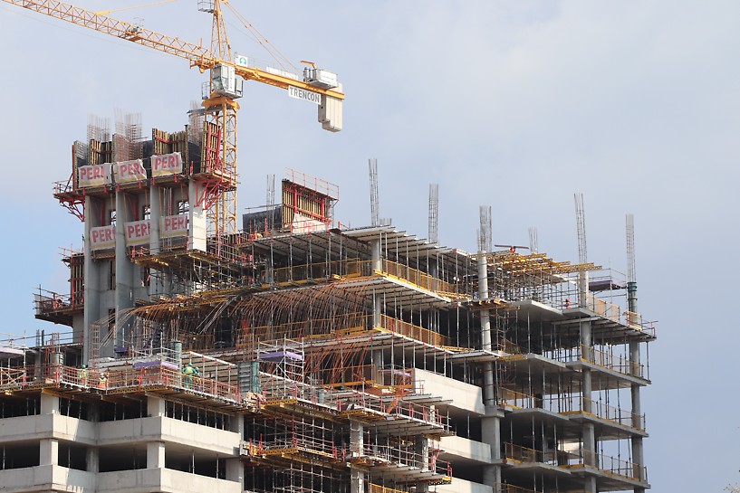 Katherine Towers (Sandton) PERI Centurion offered a complete package for Trencon Construction, by providing design, site supervision and transport in addition to supplying a range of PERI products and conventional equipment for the various solutions required to successfully construct this intricately designed structure.
