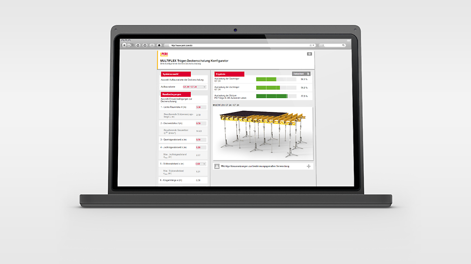 Izmantojot MULTIFLEX Girder Slab Formwork Configurator, lietotājs konfigurē un optimizē stušu/siju atbalsta attālumus un materiāla pielietojumu.