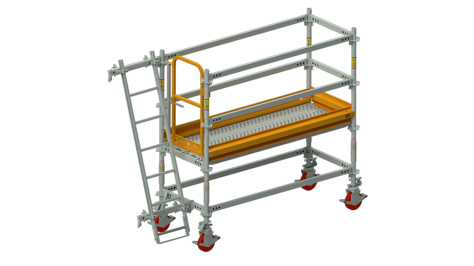 Die Rollgerüste aus dem PERI UP Gerüstbaukasten werden nahezu aus Kernbauteilen erstellt und dienen als Arbeitsgerüst für die Montage und Demontage der Paneel-Deckenschalung.