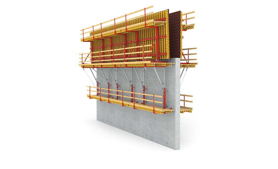 Die SCS ist ein Klettersystem mit großen, kranversetzbaren Klettereinheiten, die mit tragfähigen und neigbaren Arbeitsbühnen ausgestattet sind<br/>