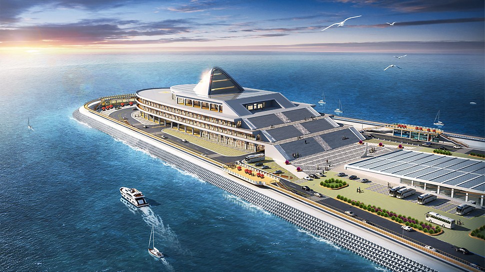 中国,香港-珠海-澳门 跨海大桥 (HZMB) |东、西人工岛运营建筑 On two artificial islands at both exits of the HZMB tunnel, striking architectural concrete structures are currently being built. On the right of the picture, the exit at the west end of the tunnel can be seen. (Graphic: © China Communications Construction Company Ltd. CCCC)