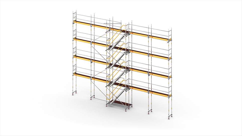Die PERI UP Treppe in 67 cm Breite kann übergangslos über den integrierten Gerüstknoten des Easy Stiel oder Easy Rahmen an das PERI UP Fassadengerüst montiert werden.<br/>