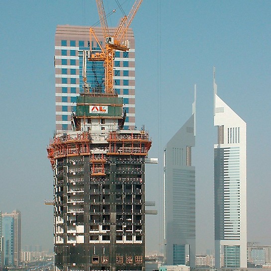 21st Century Tower - RCS climbing protection panel 21st Century Tower, Dubai, United Arab Emirates - The RCS climbing protection panel complete encloses the upper floors under construction and provides protection against wind and weather - and increases productivity.