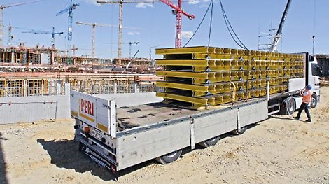 PERI supports the construction site team with different types of system formwork, among them huge amounts of slab, wall and column formwork. PERI's service also includes the planning and delivery of accordingly adjusted shoring. 