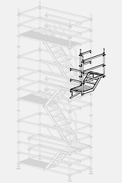 Die Treppe ist in regelmäßigen Etagen von 2,00 m Höhe aufgebaut. Die Anpassungen an die Öffnungen des Gebäudes erfolgen auf außen angehängten Konsolen mit kurzen Treppenläufen von 1,50 m Länge und Höhen von 50 cm oder 100 cm.
