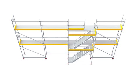 Paket 1 - 60 m² med 2 nivåer och 4 facklängder. Stålplan EDS 33x250 inkl. spiror. 2 st Alu-trappor. Höjdlängd spiror: 2,0 meter. Facklängd: 2,5 meter. Vikt: 950 kg.