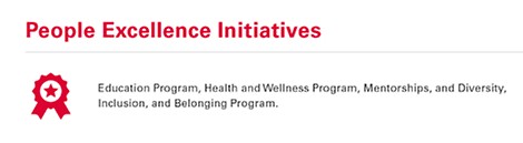 People Excellence Initiatives
Education Program, Health and Wellness Program, Mentorships, and Diversity, Inclusion, and Belonging Program.