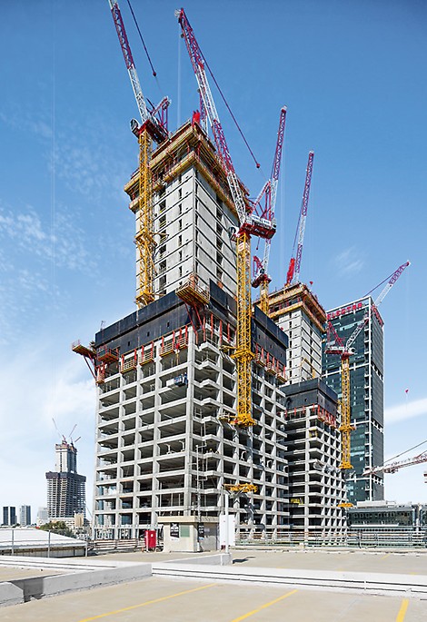 Alon Towers “BSR Center TLV“, Tel Aviv, Israel - The 164 m high twin towers, PERI Climbing Formwork and Protection Panels The 164 m high twin towers (Alon Towers "BSR Center TLV", Tel Aviv, Israel), PERI Climbing Formwork and Protection Panels