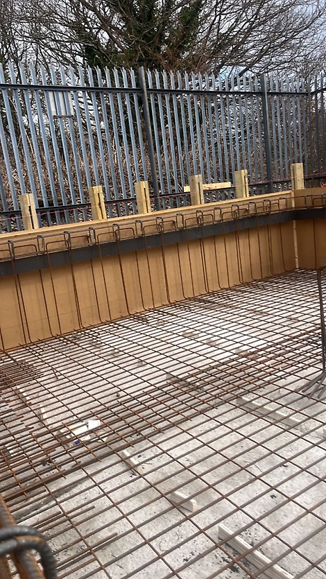 Structural Waterproofing Reinforcement in place ahead of the concrete pour, demonstrating how waterproofing design and installation are integrated early in the construction process.