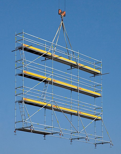 Con una grúa se puede mover una unidad completa de andamio de refuerzo con una longitud de 9,00 m, una altura de pie de 6,30 m y una anchura de trabajo de 72 cm.<br/>
