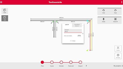 Layout in step Plan: In the menu „Edit“, users can change the dimensions of their layout (wall thicknesses, delete walls, etc.)