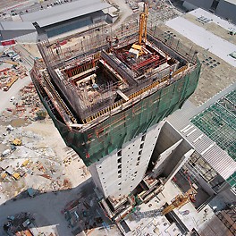 VARIO girder wall formwork on crane-independent ACS self-climbing platforms on the 98 m high building core.