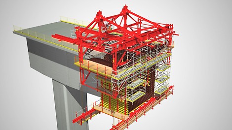 Das VARIOKIT Freivorbaugerät ist eine clevere und tragfähige Lösung. Die vollintegrierte Hydraulik zum Verfahren und Ausrichten der Schalung ermöglicht eine komfortable Bedienung und beschleunigt die Arbeitsabläufe. Dank der hohen Tragfähigkeit des Freivorbaugeräts lassen sich bis zu 5,75 m lange Betonierabschnitte realisieren. Das reduziert die Anzahl der Takte und verkürzt die gesamte Bauzeit deutlich.