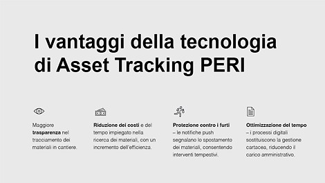 Il sistema di asset tracking PERI è la chiave per una gestione ottimizzata delle risorse, operazioni più efficienti e maggiore produttività.