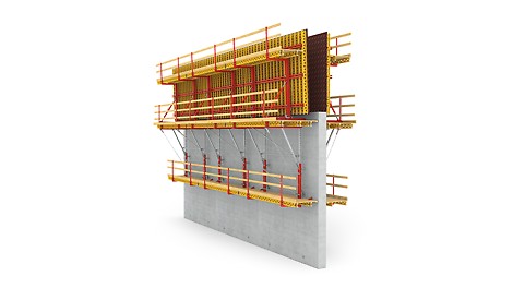 Avec PERI SCS, les charges provenant de la pression de bétonnage sont, via la console, reprises par les ancrages grimpants de la phase de bétonnage précédente, sans tiges traversantes.
