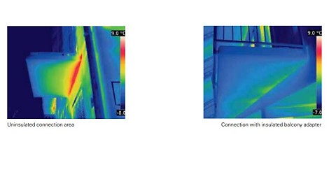 Pa kreisi attēlā redzams siltumkameras attēls ar balkonu bez termotiltu elementiem, bet pa labi - ar tiem. Attēli parāda siltumtiltiņu efektivitāti uz ēkas siltumizolāciju.
