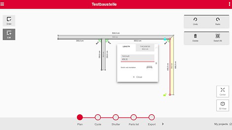 Layout in step Plan: In the menu „Edit“, users can change the dimensions of their layout (wall thicknesses, delete walls, etc.)