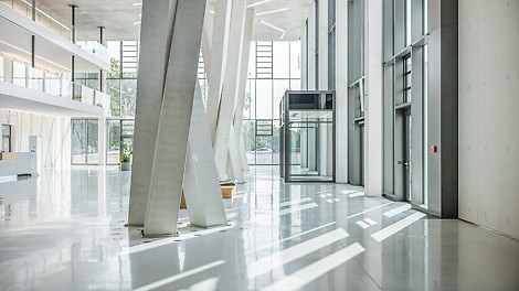 Nicht nur die Schalung, sondern auch die Architektur der Baumstützen ist herausragend:
Gemäß der geforderten Sichtbetonqualität ist über die gesamte Stützenhöhe von rund 11 m nur ein einziger Elementstoß erkennbar.
(Foto: Thilo Ross)