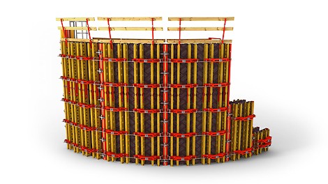 Ausgestattet mit einem Bühnensystem bietet die RUNDFLEX Rundschalung maximale Sicherheit auf der Baustelle. 