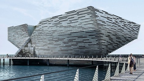 PERI freeform formwork Japanese architect, Kengo Kuma, designed the two angular, funnel-shaped structures. One corner rises like the bow of a ship above the Firth of Tay in Craig Harbour.