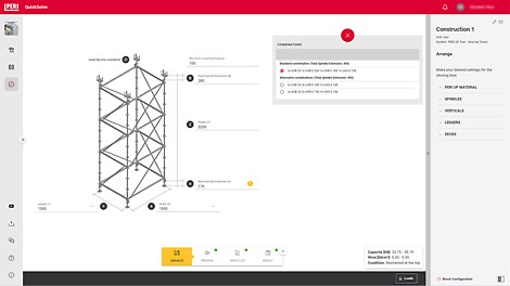 Das Planungstool ermöglicht Ihnen die Erstellung von Standardkonfigurationen für Traggerüste mit verschiedenen Systemen. Passen Sie die Abmessungen an, wählen Sie verschiedene Materialoptionen und überprüfen Sie die Tragfähigkeit, um die Nutzung zu maximieren.