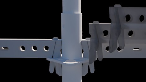 The gravity lock facilitates fast assembly of the modular scaffolding: by inserting the wedge head into the PS100 Rosette Connector, the wedge drops by force of gravity into the hole and then locks.