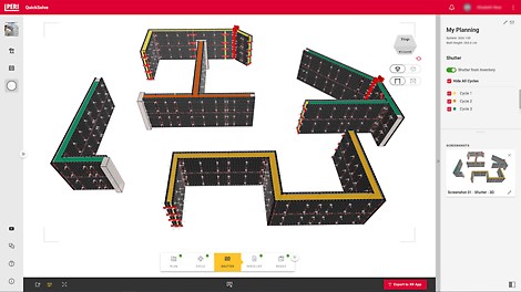 Nach der Eingabe weniger Informationen, wie Grundriss, Wandstärke und Taktlängen, erstellt das Tool automatisch Ihre Wandschalungsplanung in 3D. Sie können dabei bestimmen, ob Ihr eigener Materialbestand bei der Planung berücksichtigt werden soll. Stücklisten, Pläne und Screenshots der Lösung lassen sich einfach als PDF-Datei exportieren.
