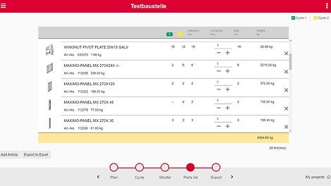 Parts list: The structured parts list for the shuttered MAXIMO layout.