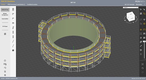 Die Automatikfunktion unterstützt Sie bei der Planung kreisrunder Anordnungen von Gerüsten. In wenigen Klicks ordnet SET die Gerüsteinheiten automatisch an den erforderlichen Radius an. Zudem kann durch die Platzierung von 3D-Körpern die Umgebung, in die das Gerüst geplant wird, dargestellt werden. 