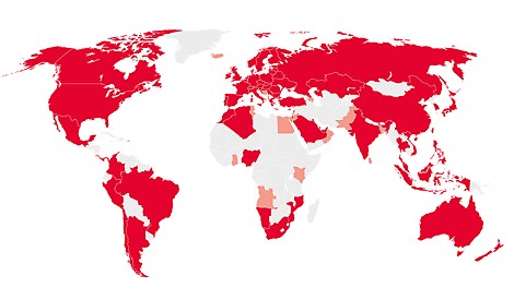 PERI International The image shows a map of the world with over 60 countries with PERI subsidiaries marked in red.