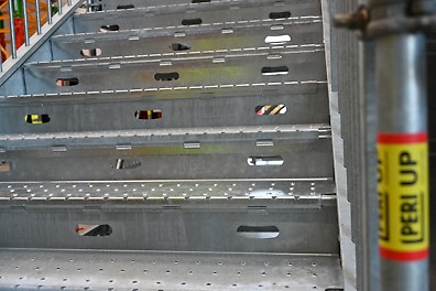 Introducing PERI UP Public Stair Close-up of the PERI UP Public Stair steps highlighting safe, sturdy design for public access.