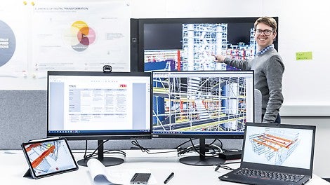 Na baumě návštěvníci uvidí jak fungují a jsou sehrané digitální aplikace PERI. Kromě toho mohou být přímo na místě s odborníky projednány individuální možnosti nasazení.<br/>(Foto: PERI SE)<br/>