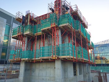 Project-specific formwork ascends on MECD’s irregular-shaped cores.
