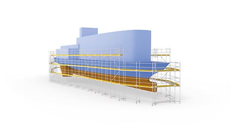 PERI engineers supplied 3D CAD plans for the scaffolding solutions, offering valuable support. These plans enable visualisation and provide precise guidance and parts lists for the scaffolding work.<br/>(Rendering: PERI SE)<br/>