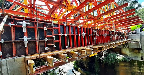 Sistema de ingeniería ALPHAKIT dando soporte a las vigas del puente en conjunto con el sistema LIWA.